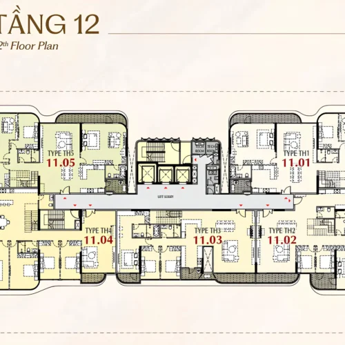 Mặt bằng 5 căn Penthouse tầng 12 có sân vườn riêng