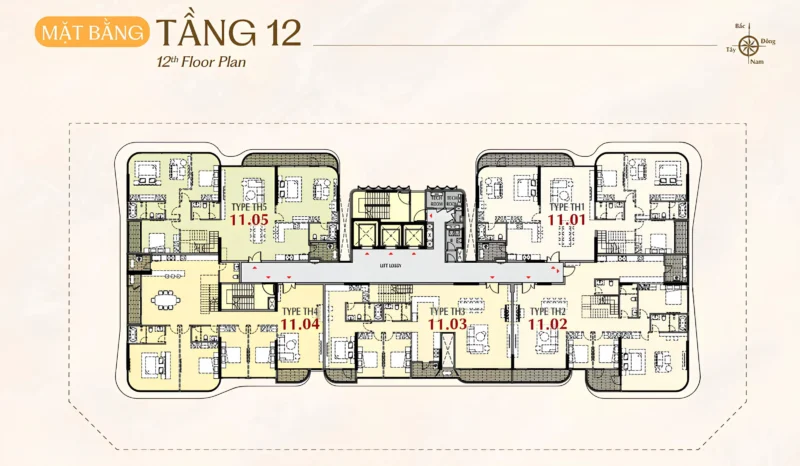 Mặt bằng 5 căn Penthouse tầng 12 có sân vườn riêng