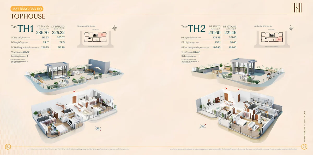 Căn hộ penthouse duplex với 221m2 và 226m2 cộng thêm 189m2 và 219m2 sân vườn