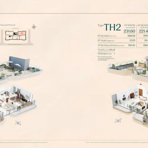 Căn hộ penthouse duplex với 221m2 và 226m2 cộng thêm 189m2 và 219m2 sân vườn