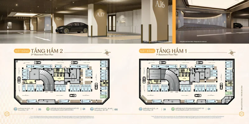 Mặt bằng 02 tầng hầm, mỗi căn hộ 1 chỗ đậu xe hơi riêng