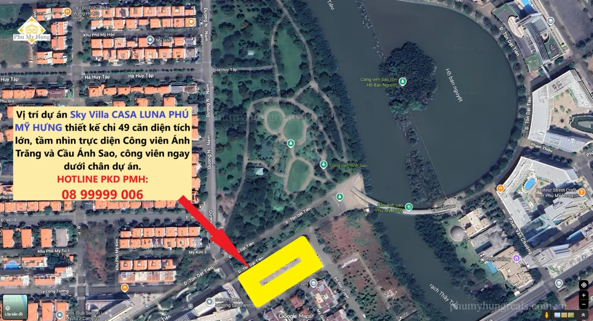 Vị trí dự án Skyvilla CASA LUNU Phú Mỹ Hưng cực đẹp, hiếm có, dưới chân dự án là công viên đẹp nhất Phú Mỹ Hưng, xung quanh dự án là cộng đồng cư dân đẳng cấp, đi bộ qua cầu Ánh Sao đến ngay Hồ Bán Nguyệt