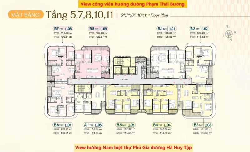Mặt bằng các tầng 5,7,8,10,11 và chi tiết diện tích