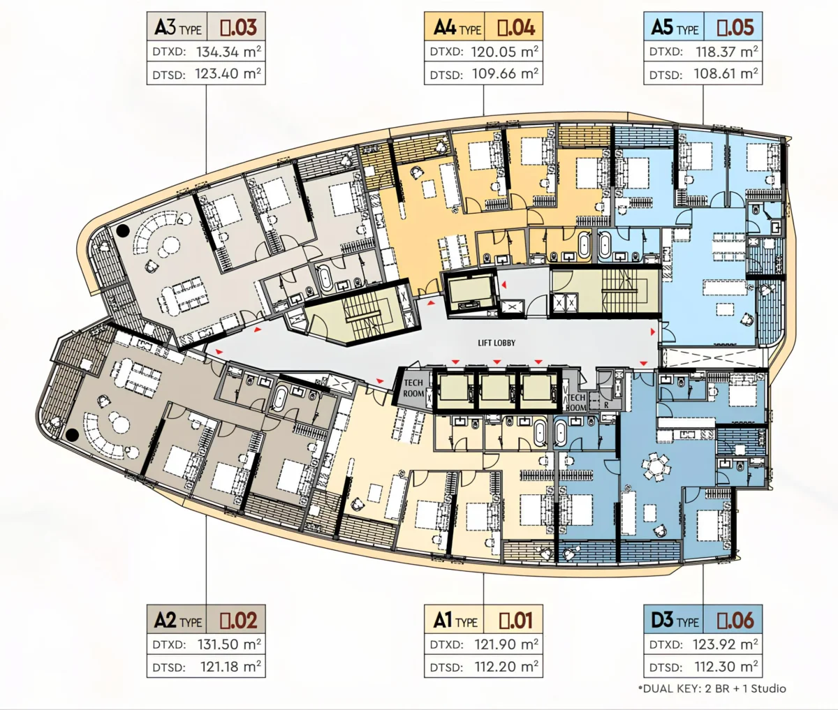 Mặt bằng tầng 5-21 diện tích từ 118-134m2