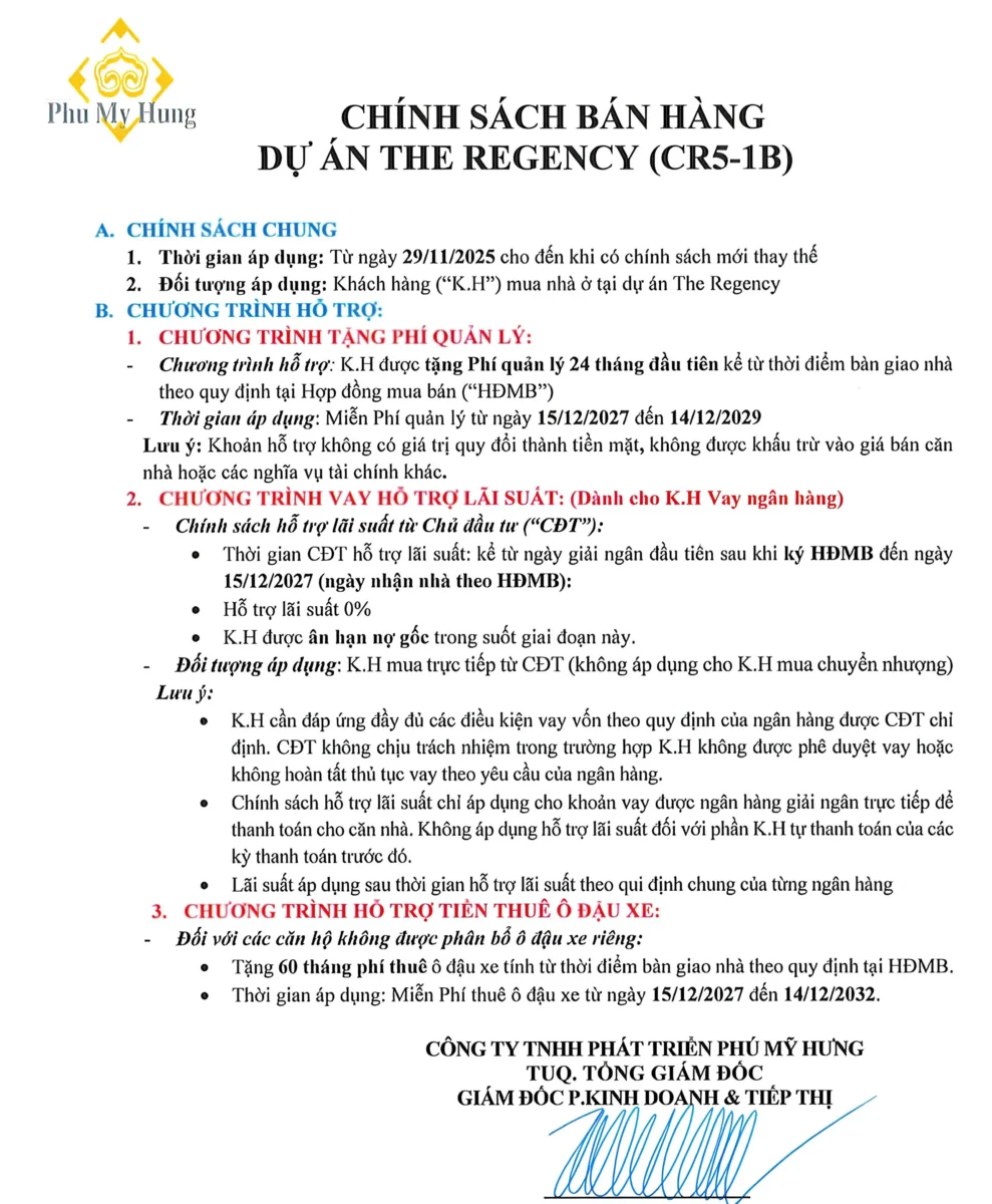 Chính sách bán hàng dự án The Regency Phú Mỹ Hưng