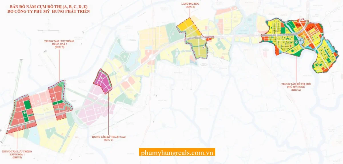 5 Khu A-B-C-D-E dọc trục đường Nguyễn Văn Linh. Khu A với 433 hecta đã được triển khai và đi vào hoạt động ổn định