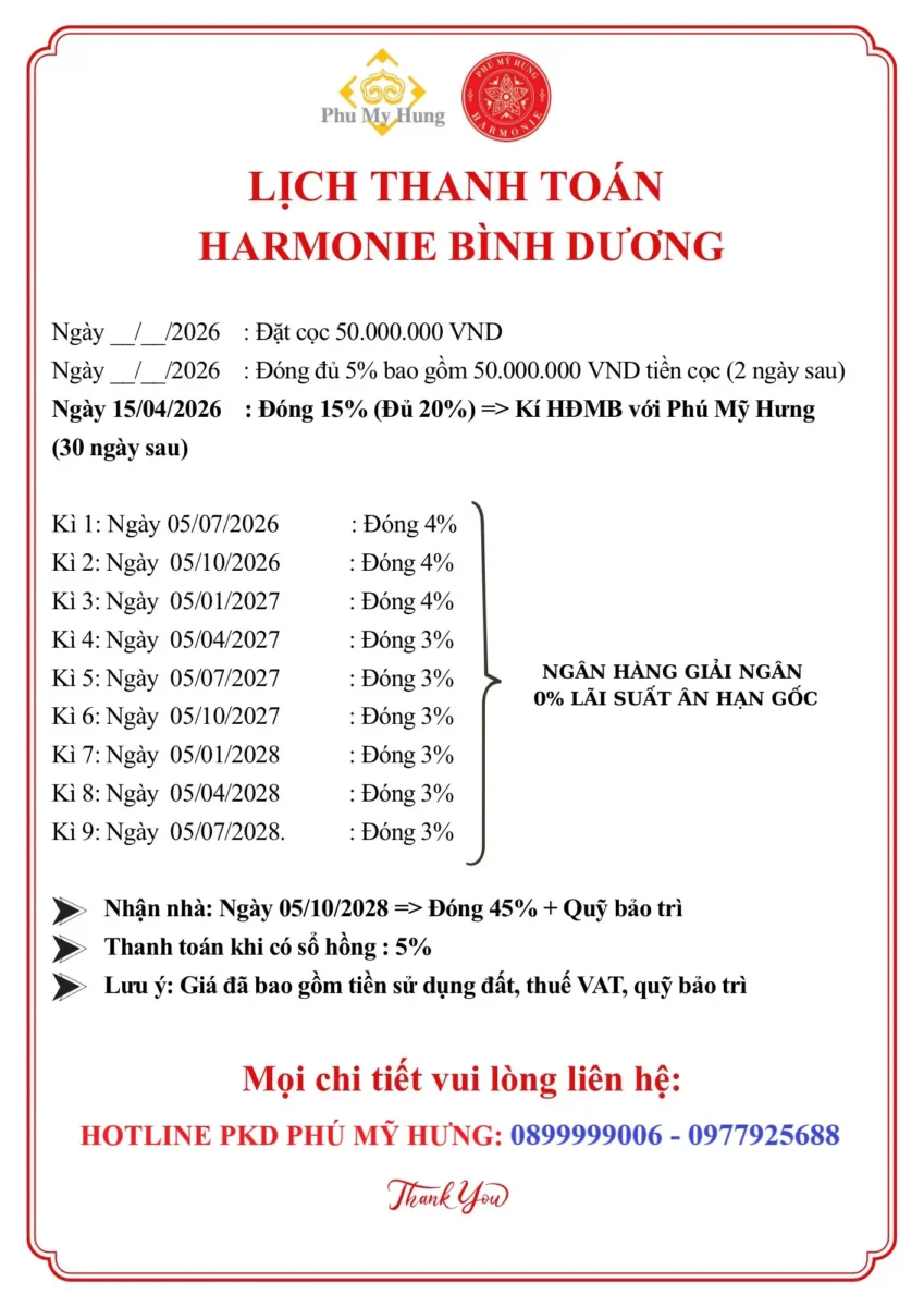 Lịch thanh toán chính thức dự án The Harmonie Phú Mỹ Hưng Bình Dương
