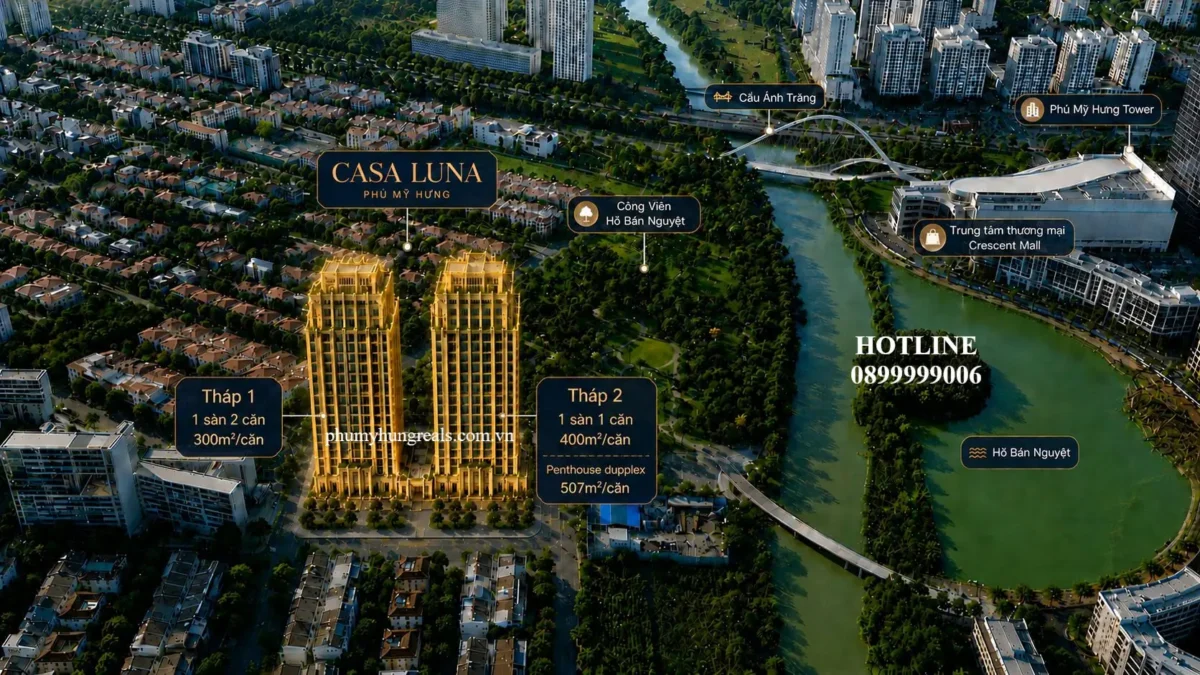 Casa Luna sở hữu vị trí cực đẹp ngay Cầu Ánh Sao, đối diện công viên Ánh Trăng, liền kề Hồ Bán Nguyệt, diện tích điển hình từ 300-400m2/căn, 1 tầng chỉ 1-2 căn