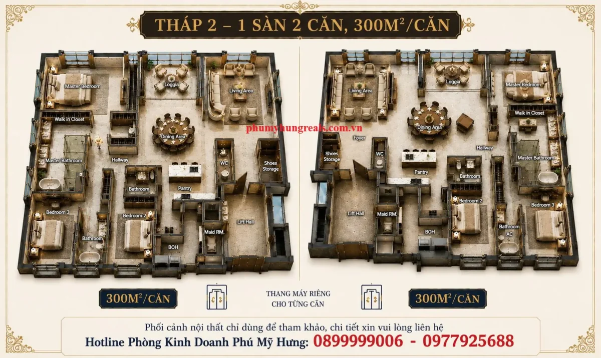 Thiết kế tham khảo nội thất tháp 1 sàn 2 căn, diện tích 300m2/căn