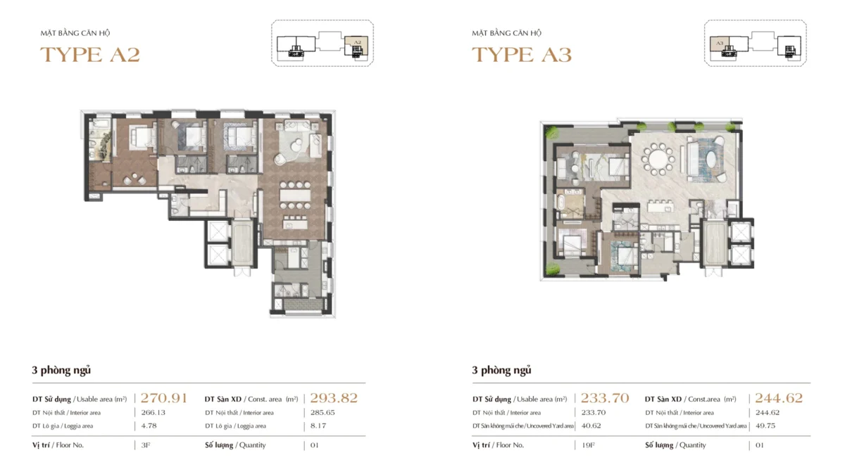 Thiết kế căn hộ tầng 3 diện tích 293m2/căn, căn hộ tầng 19 diện tích 244m2/căn