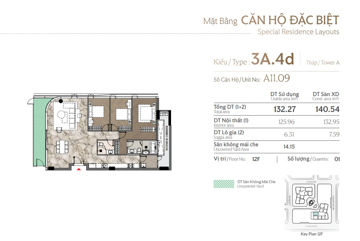 Layout thiết kế căn 3 phòng ngủ